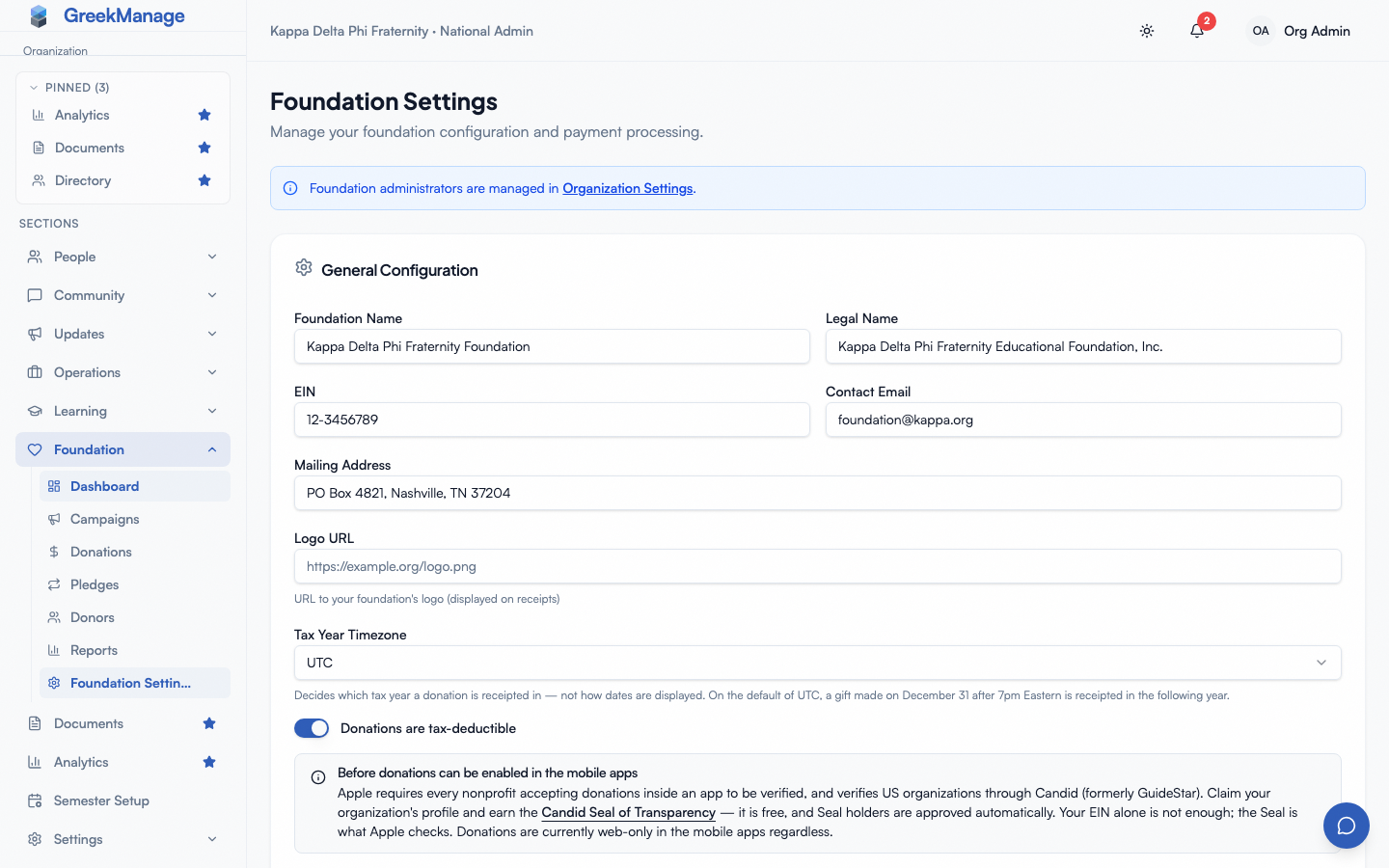 Foundation Settings — General Configuration card filled in.