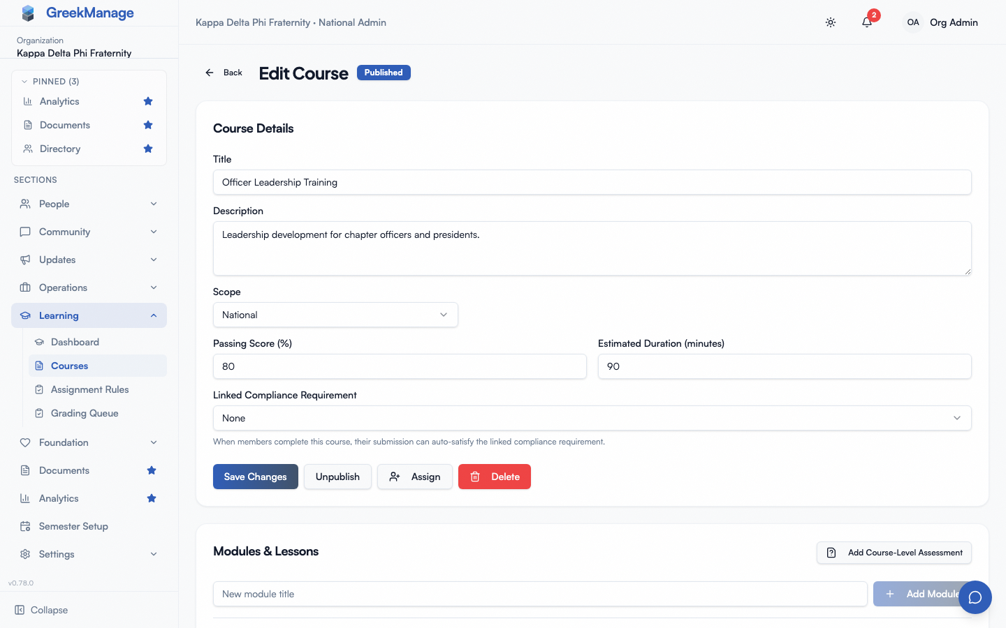 Courses list with Draft and Published badges and the New course button.