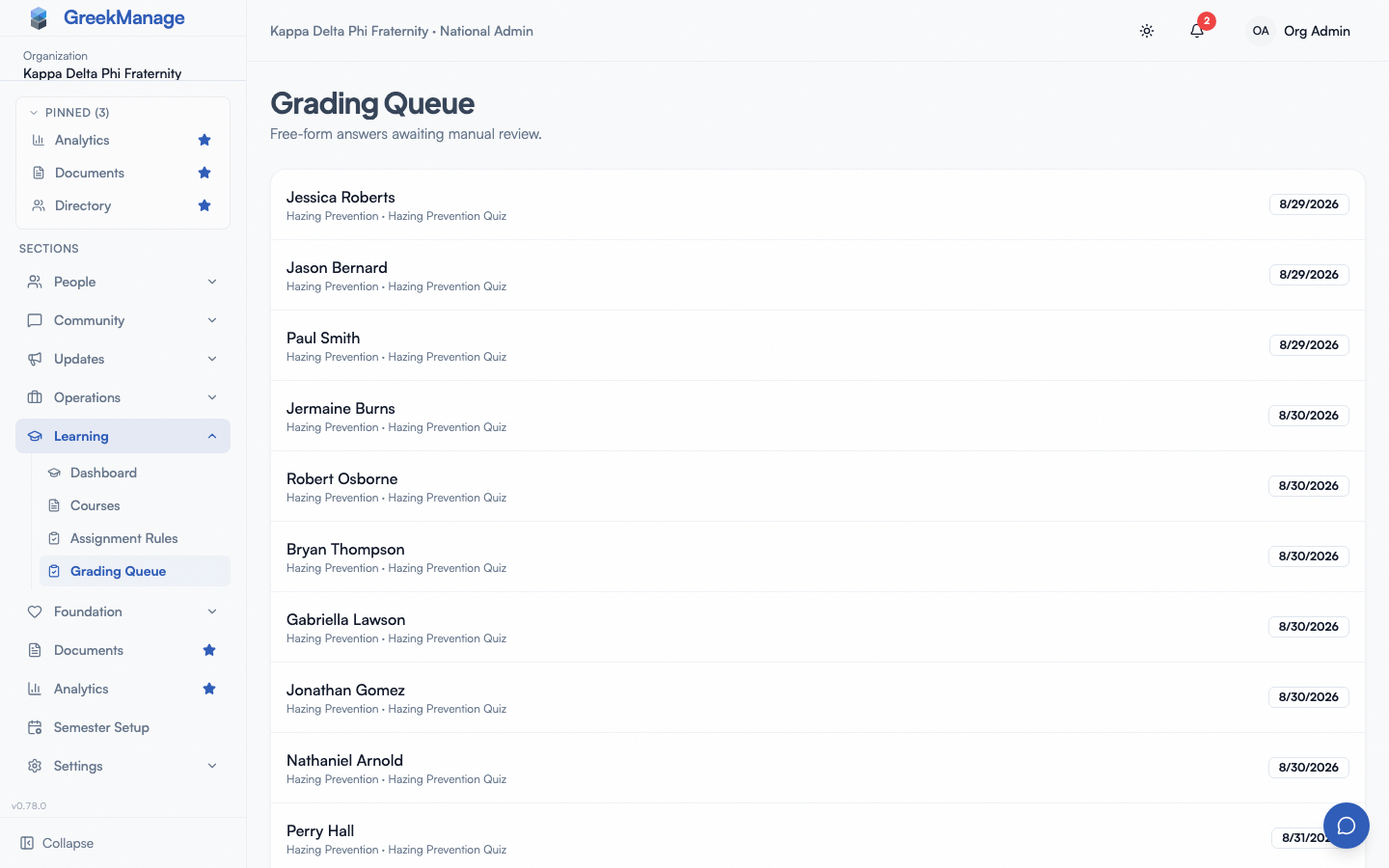 Grading queue with an expanded attempt — prompt, response, and points input.
