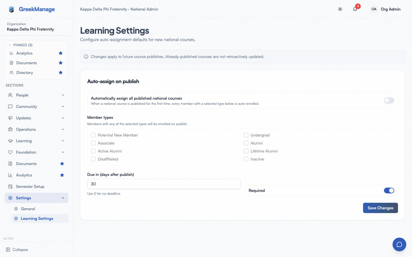 the settings page with the auto-assign toggle, member-type picker, and due-days input