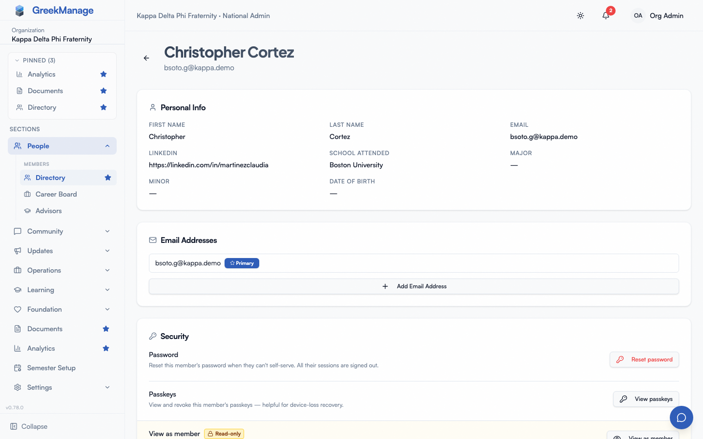 Member detail header with the member’s name, primary email, and section navigation.