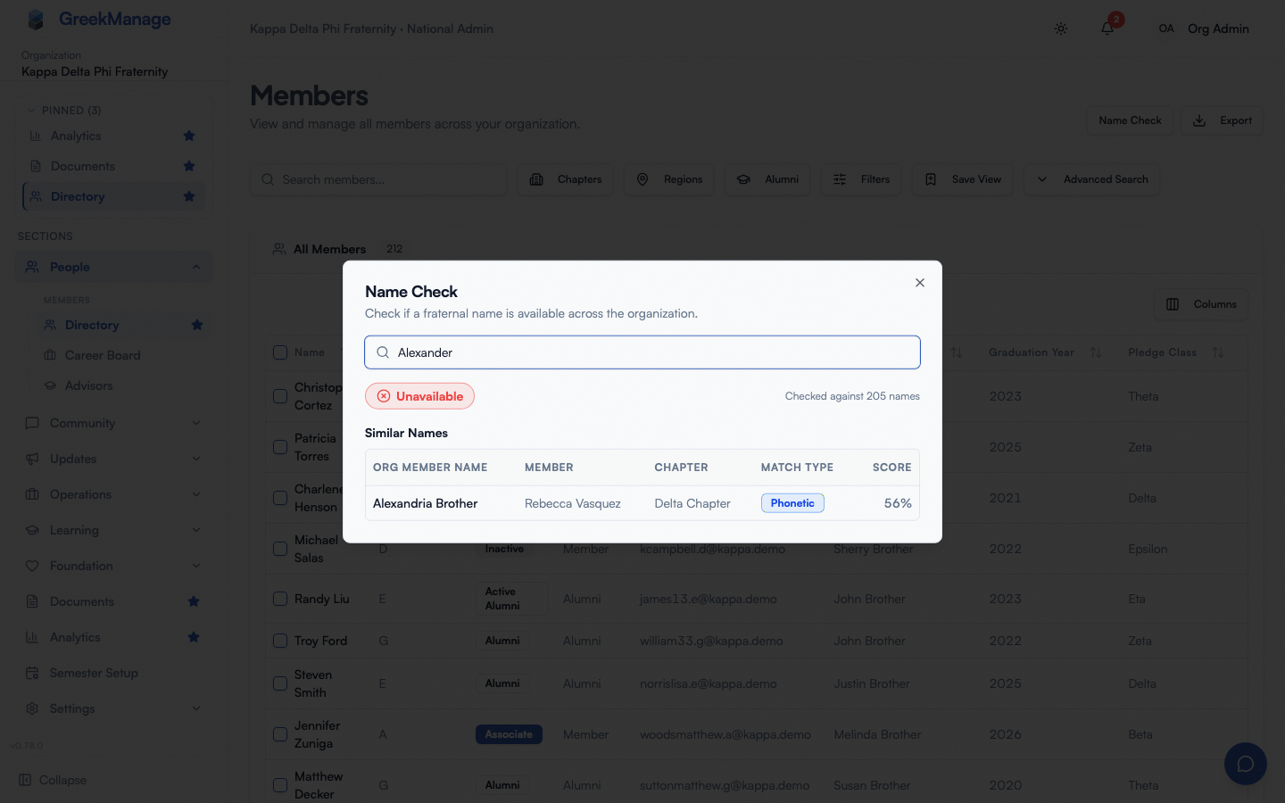 Name Check dialog open over the Members list with a name typed in and an availability badge.