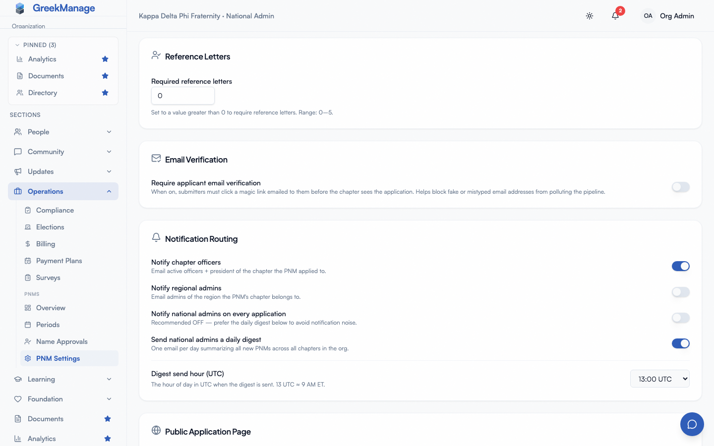 PNM settings - Notification Routing card with toggles and digest hour
