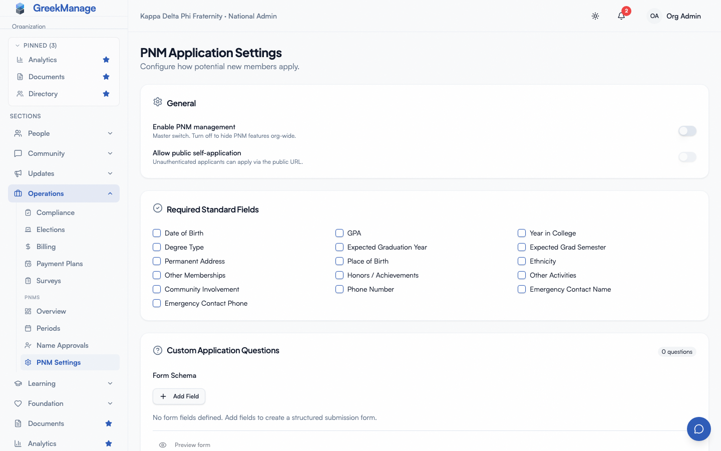 PNM settings - Required Fields card with toggles