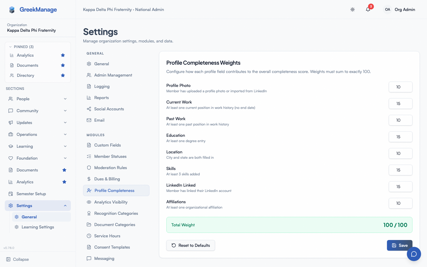 the radial gauge profile completeness card on the org dashboard with the per-chapter breakdown expanded
