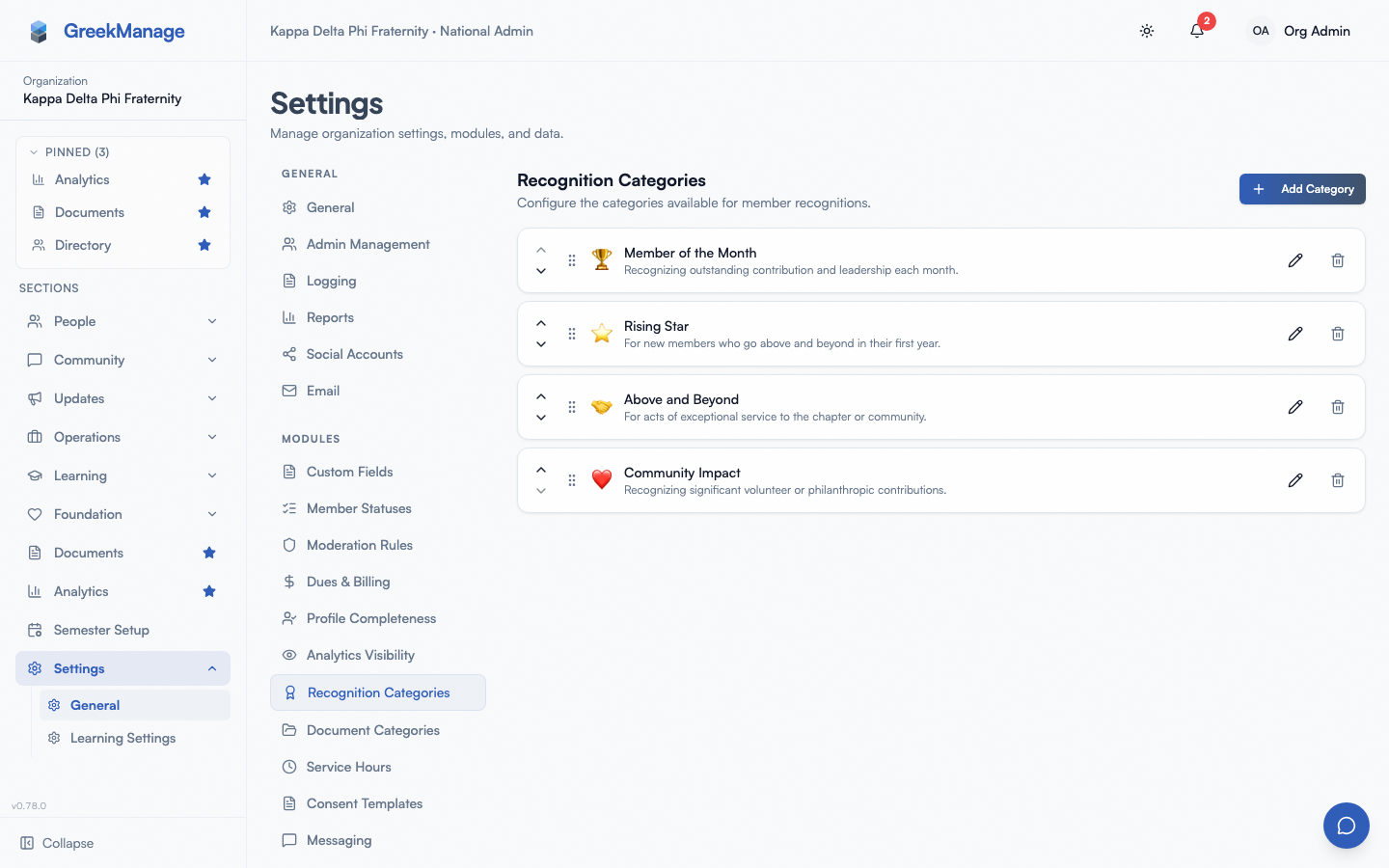 Recognition Categories manager showing seeded categories with icons, names, and edit/delete actions