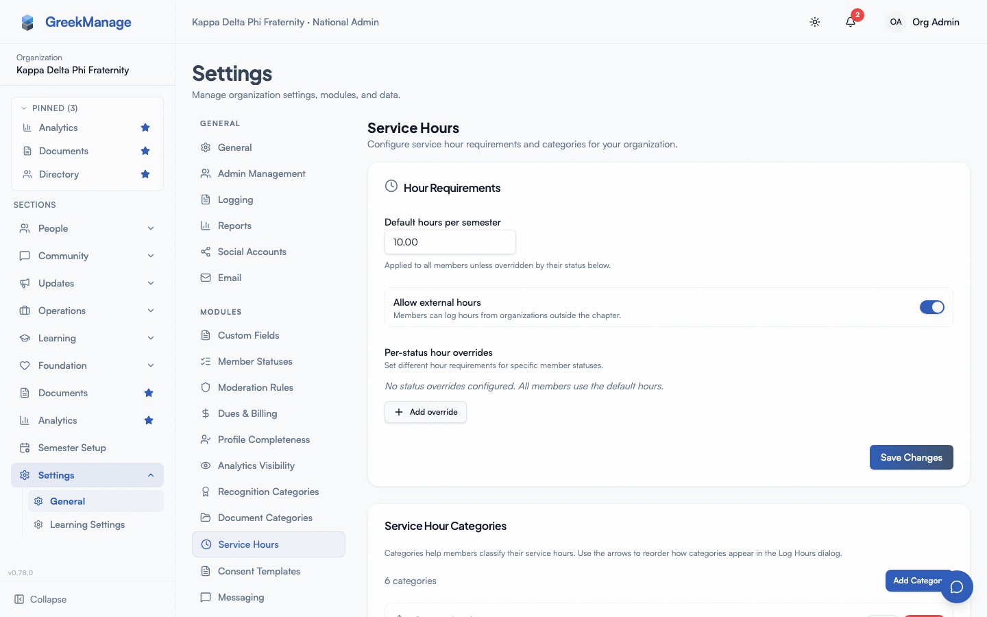 Service Hours settings: Hour Requirements and Categories.