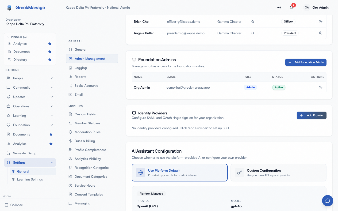 The Identity Providers card in org Settings, Admin Management.