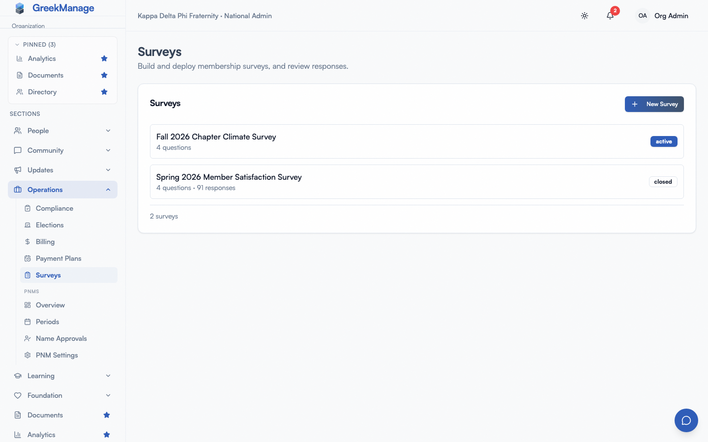 Surveys list with status badges and the Create Survey button.